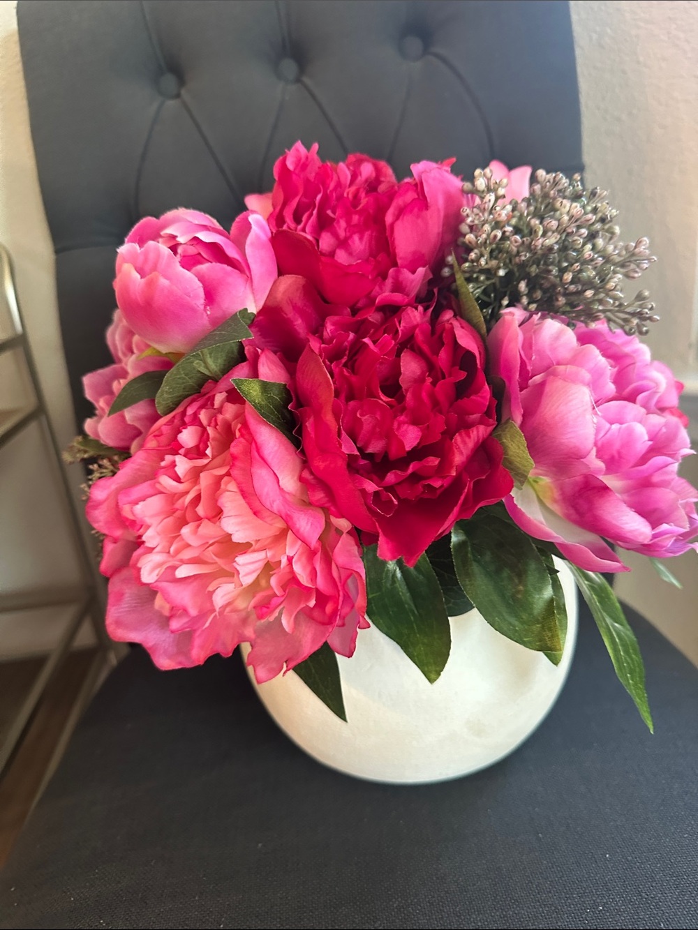Vibrant Pink Peony Faux Floral Arrangement in White Vase - Home Accents